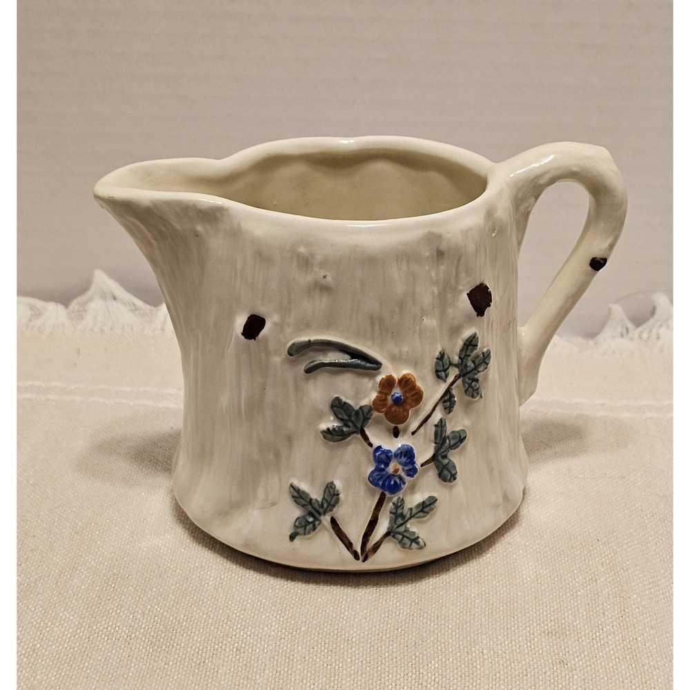 Vintage Ceramic Creamer Pitcher Wood Bark Texture Floral Appliques MCM